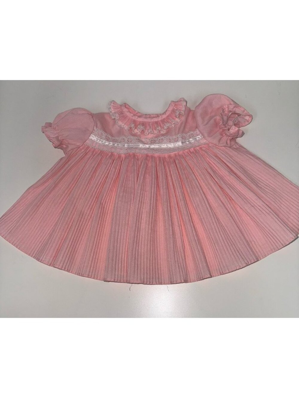 VTG 80s Sears Sophie Dress Pink Pleated Babydoll Lace Trim Perma-Prest L 32-36"